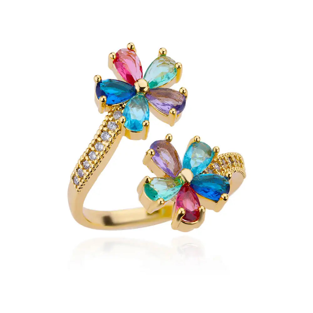 Colored Zircon Double Flower Rings For Women Gold Plated Stainless Steel Flower Opening Ring Wedding Aesthetic Jewelry Gift 2023