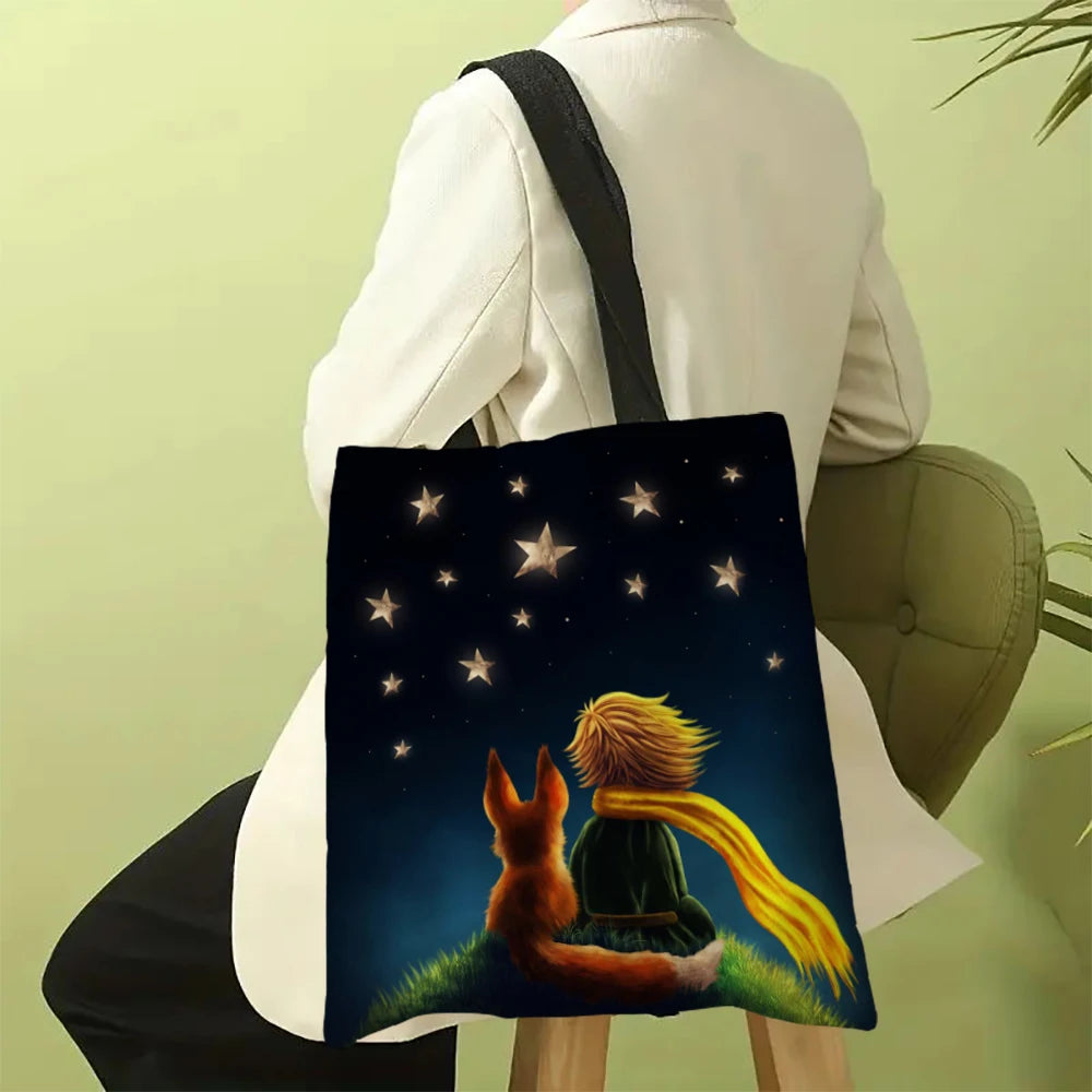 Linen Bag The Little Prince Series Print Lightweight Shoulder Bag Versatile Shopping Bag Holder Handbag