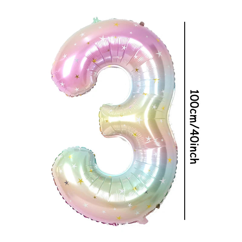 1pc 40inch Pastel Rainbow Number Foil Balloons Star Sky Gradient Digital Balloon Kids Birthday Party Decorations Helium Ball