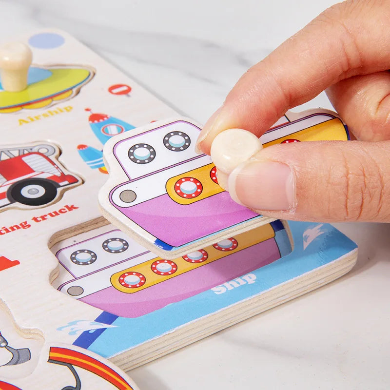 Montessori Wooden Puzzles Cartoon Animal Fruit Hand Grab Board Cognition Jigsaw Puzzle Game Learning Educational Toys For Kids