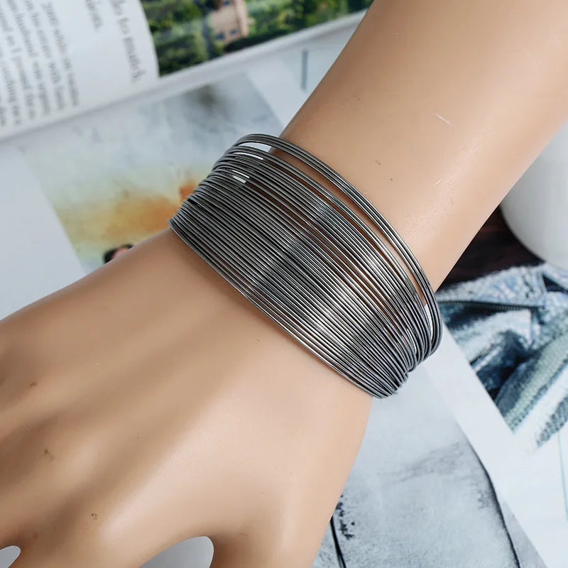 1PC Retro Gold Multi Layer Open Wide Cuffs Women's Punk Metal Adjustable Personalized Bracelet Jewelry Outdoor Party Gift-5034