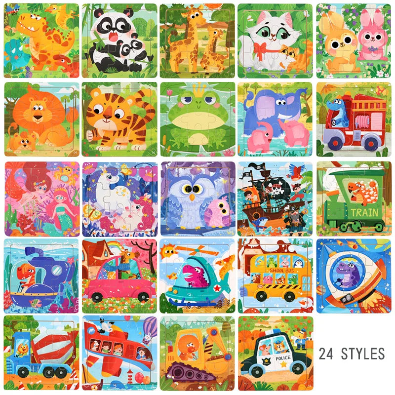 9 Piece Small Wooden Puzzle Cartoon Animal Vehicle 11x11cm Wood 3d Puzzle Montessori Educational Toys For Kids Gifts