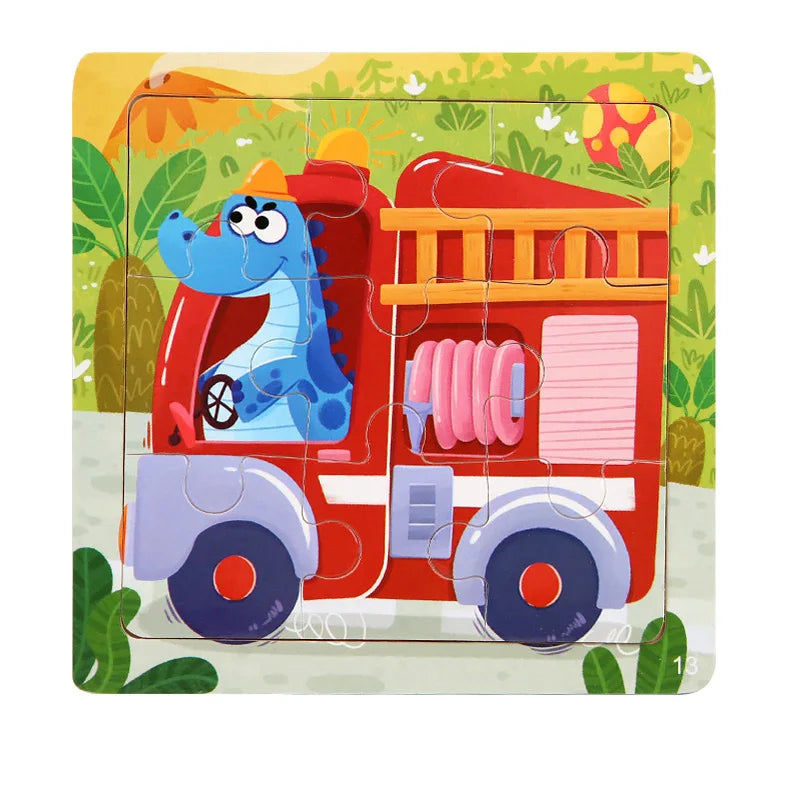 9 Piece Small Wooden Puzzle Cartoon Animal Vehicle 11x11cm Wood 3d Puzzle Montessori Educational Toys For Kids Gifts