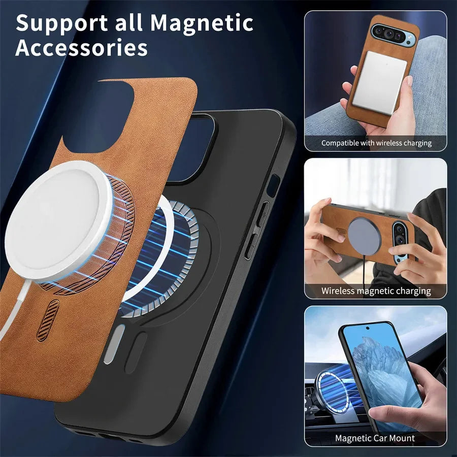 for Magsafe PU Leather Phone Case for Google Pixel 9 Pro XL Matte Magnetic Wireless Charging Cover for Pixel 7A 8A 8 7 Pro