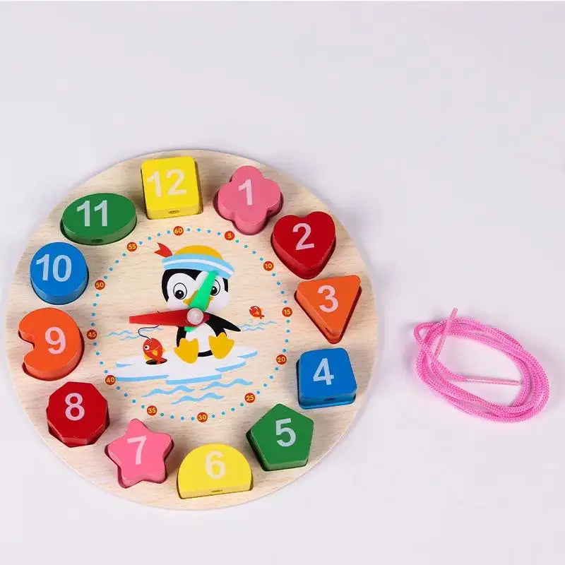 Wooden Number Blocks Puzzle Shape Color Sorting Clock Montessori Toys for Kids Early Education Penguin Patterns Time Learning