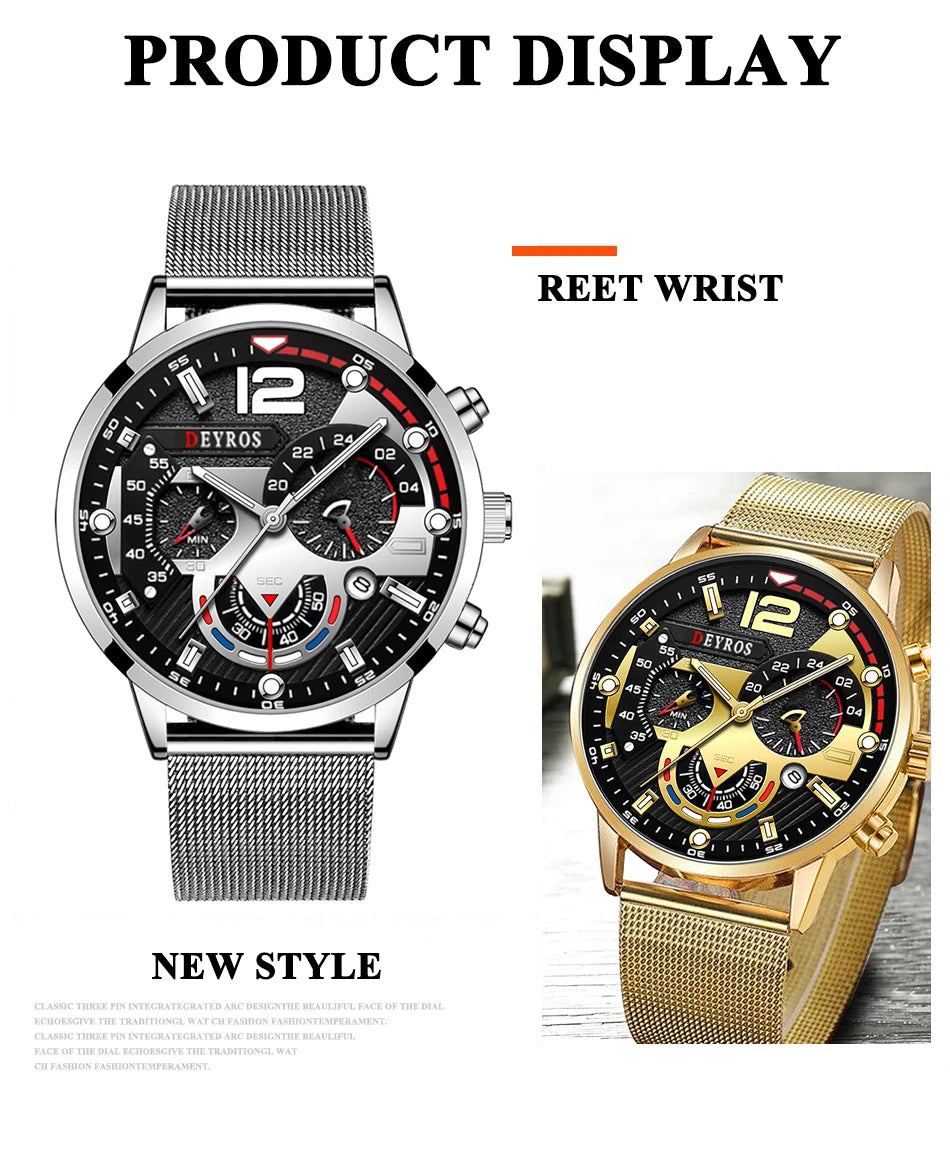 Fashion Mens Business Watches Luxury Stainless Steel Mesh Belt Quartz Wrist Watch Luminous Clock Men Casual Calendar Watch