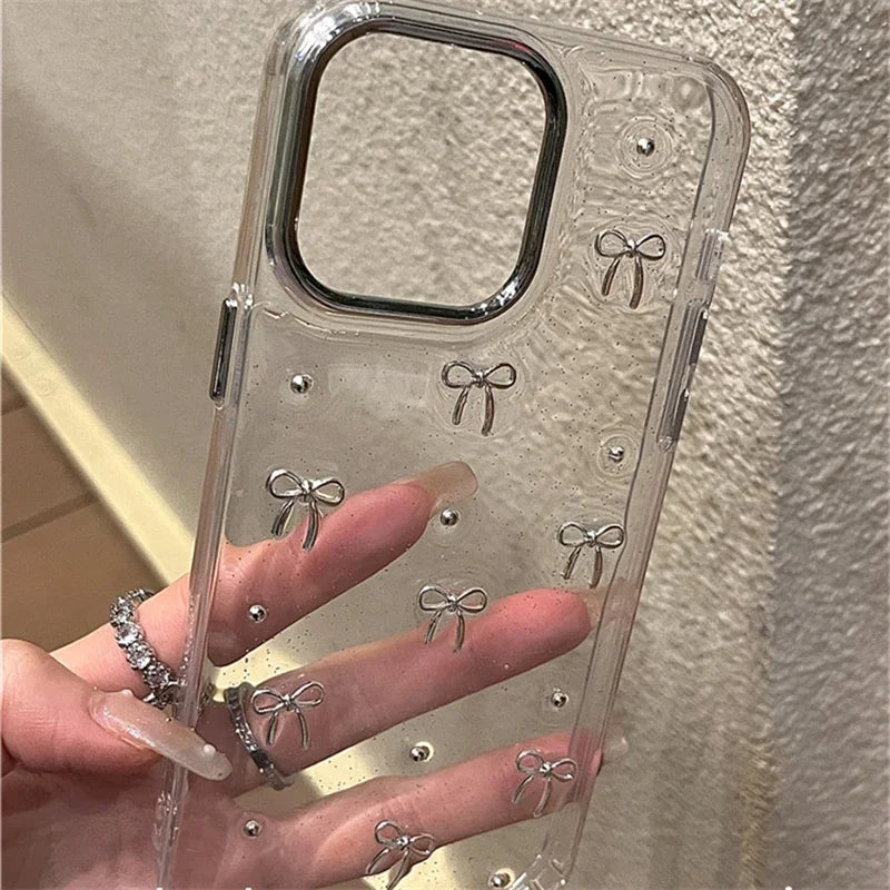 INS Japan Korea Silver Bowknot Phone Case For iPhone 15 16 14 13 12 11 Pro Max X XS XR 7 8 Plus Girl Epoxy Clear Glitter Cover