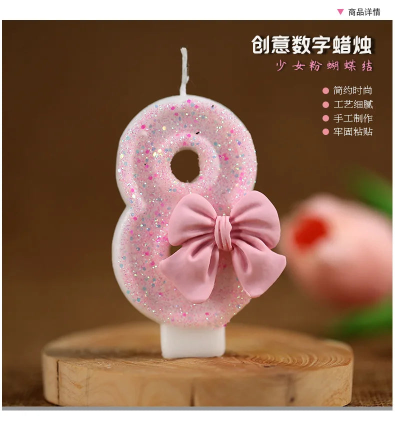 Number 0-9 Candle Cake Toppers with Pink Glitter Bow 1st Happy Birthday Cake Decorations for Girls 16th Birthday Party Supplies