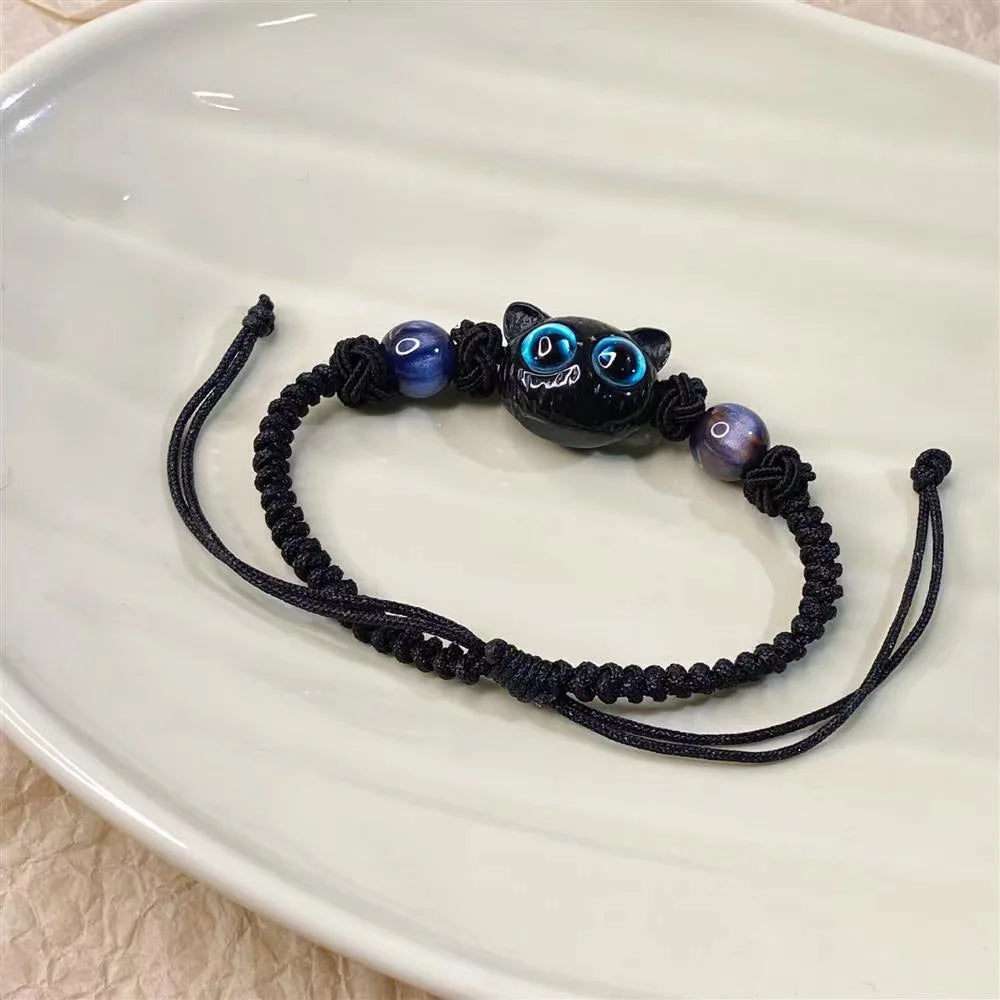 Cute Cat Couple Bracelet Imitation Wood Crystal Braided Children Bracelet Fashion Jewelry Trendy Accessories