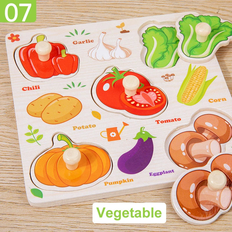 Montessori Wooden Puzzles Cartoon Animal Fruit Hand Grab Board Cognition Jigsaw Puzzle Game Learning Educational Toys For Kids