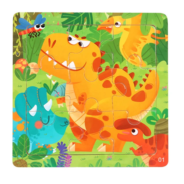 9 Piece Small Wooden Puzzle Cartoon Animal Vehicle 11x11cm Wood 3d Puzzle Montessori Educational Toys For Kids Gifts