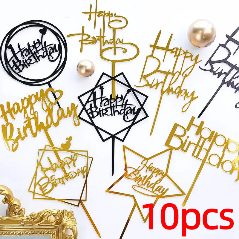 10Pcs Acrylic Happy Birthday Cake Topper Black Gold Silver Designs Cake Decorations for Kids, Men, Women & Baby Showers