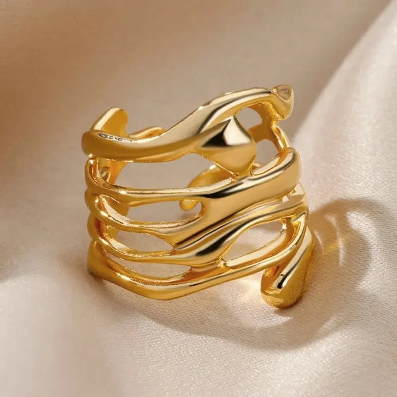 Stainless steel ring gold hollow wide simple fashion suitable for couples party wear jewelry gifts