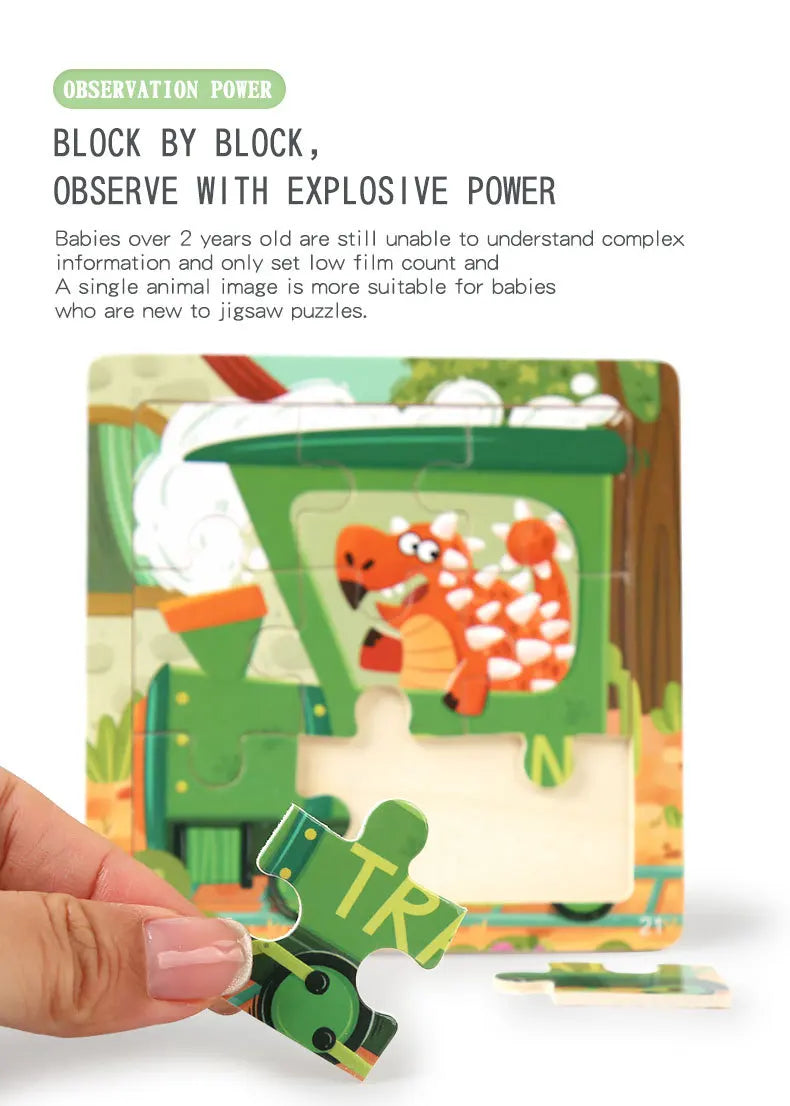 9 Piece Small Wooden Puzzle Cartoon Animal Vehicle 11x11cm Wood 3d Puzzle Montessori Educational Toys For Kids Gifts