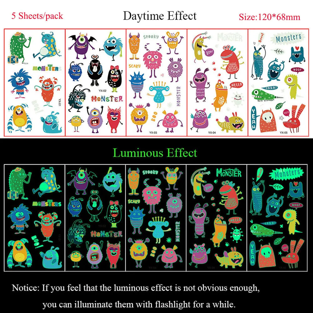 5 Sheets Luminous Tattoo Stickers Temporary Colorful Animal Dinosaur Tattoo Cute Tattoo Stickers Children's Body Tatto