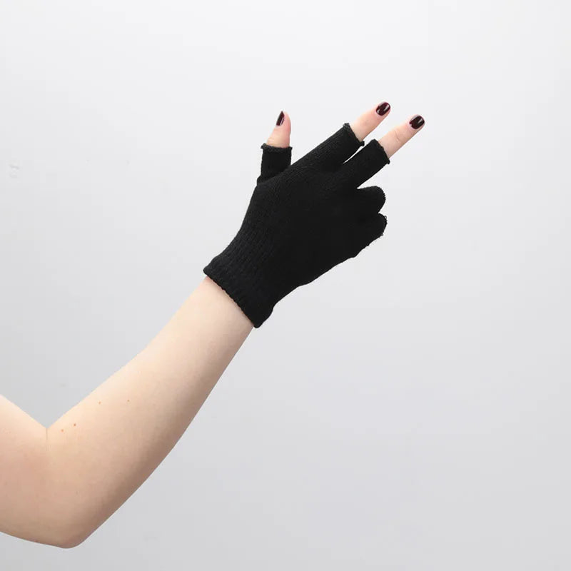 1pair Black Short Half Finger Fingerless Knit Wrist Glove Winter Warm Stretch Work Gloves for Women and Men Cycling Accessories