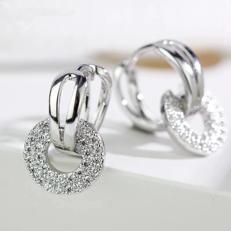 Dazzling Double Circle Linked Earrings for Women Silver Color/Gold Color Fashion Cubic Zirconia Earrings Luxury Jewelry