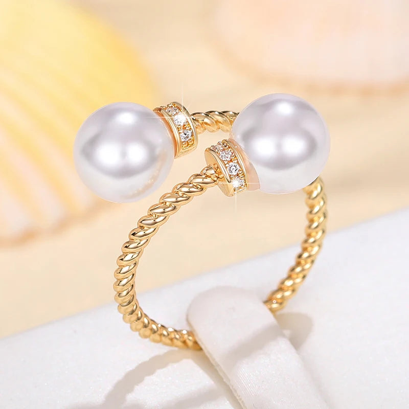 Temperament Double Imitation Pearl Open Ring Twist Gold Color Band New Fashion Women's Accessories Wedding Jewelry 2023