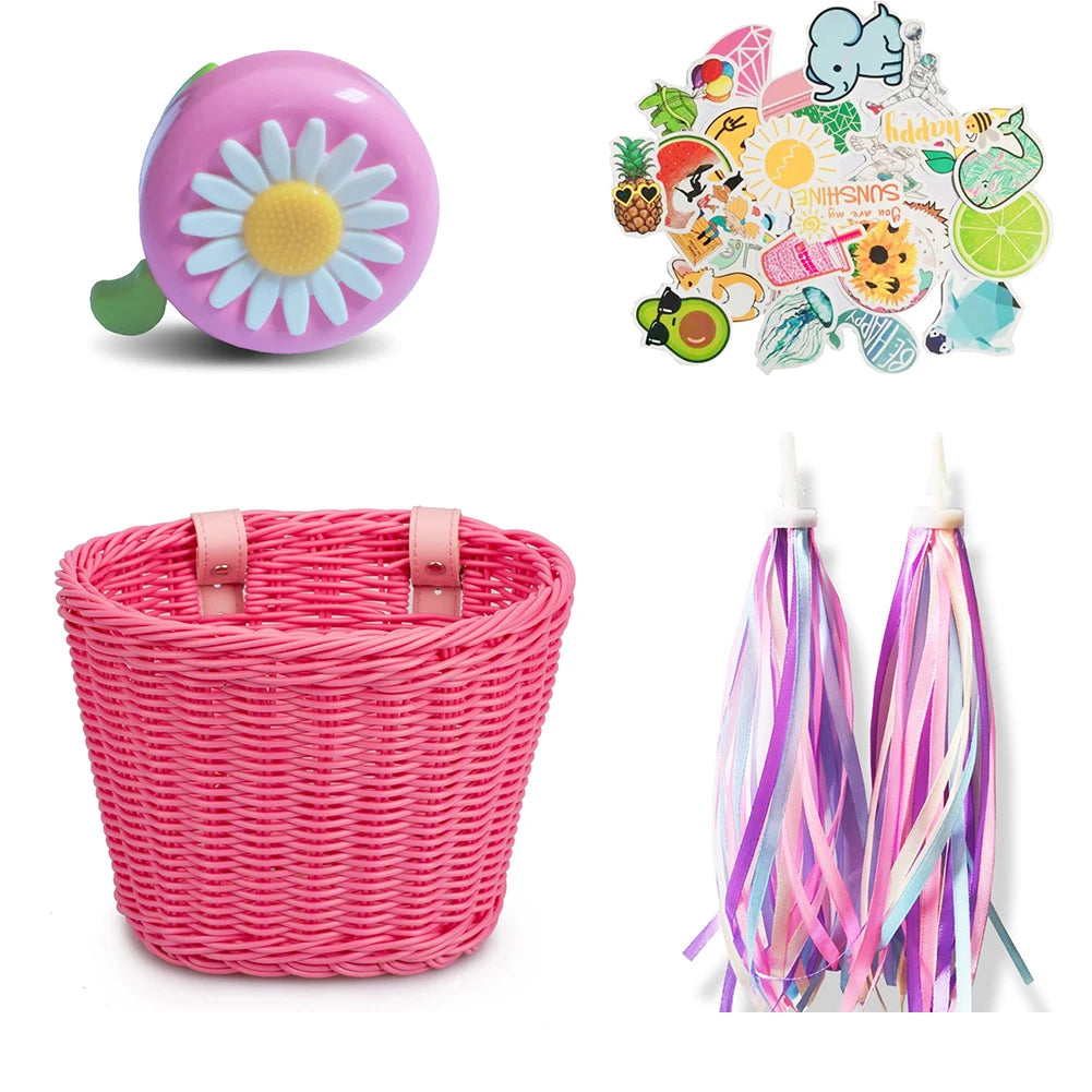4pcs/Set PE Rattan Wicker Bicycle Front Basket+Bell+Tassel+Stickers Adjustable Handwoven Kid Adult Bike Handlebar Accessories