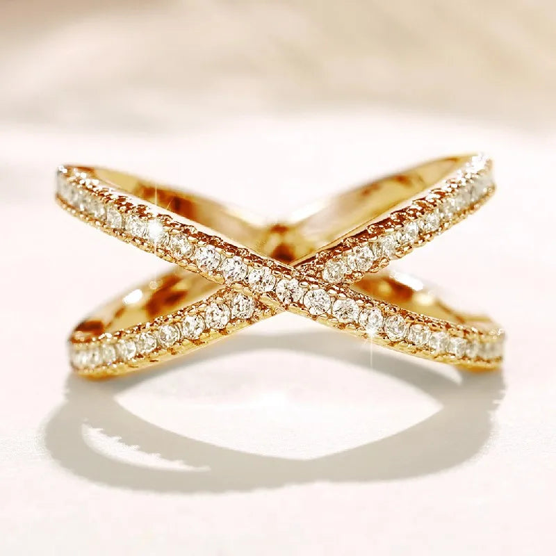 Simple Stylish Cross Shape Cubic Zirconia Rings for Women Fashon Female Finger Accessory Wedding Bands Statement Jewelry