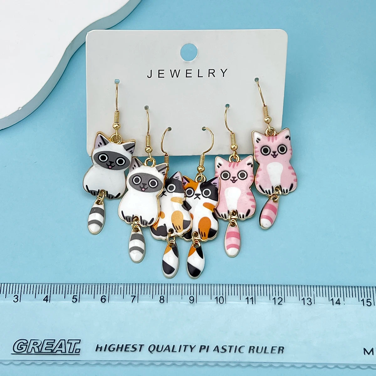 3 Pairs New Fun and Cute Enamel Alloy Hanging Tail Cat Dangle Earrings Colored Cat Ear Jewelry Set Lovely Gift For Women Girls