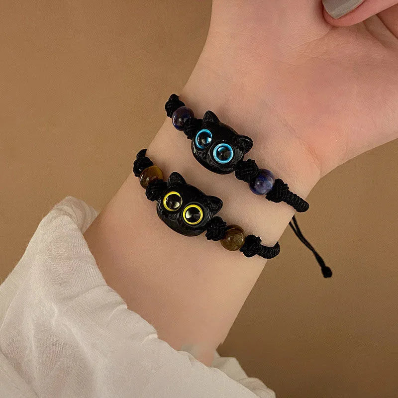 Cute Cat Bracelet For Women Funny Black Cat Bead Adjustable Braided Rope Charm Bracelets For Couple Friends Harajuku Jewelry