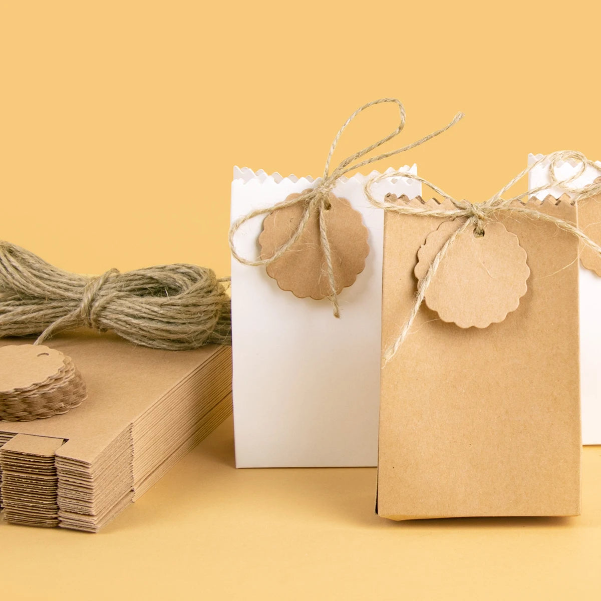 10/20/30pcs Retro Kraft Paper DIY Gift Bag White Brown Cookie Wedding Favor Candy Box Food Packaging Bag With Rope Birthday Deco