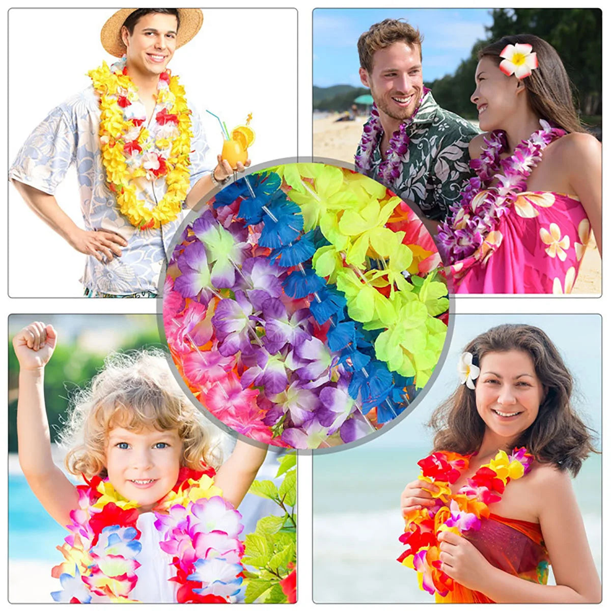 24pcs Hawaiian Artificial Flower Wreath Necklace Hawaii Theme Party Garland Summer Beach Wedding Birthday Party Decor Supplies