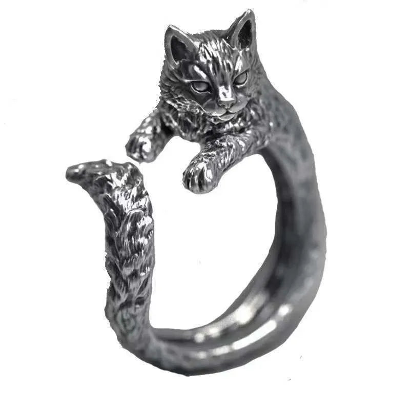 1pc Vintage Dark Alloy Cartoon Little Cat Open Ring For Women Personality Fashion Simple Ring Handicraft Gift For Girl