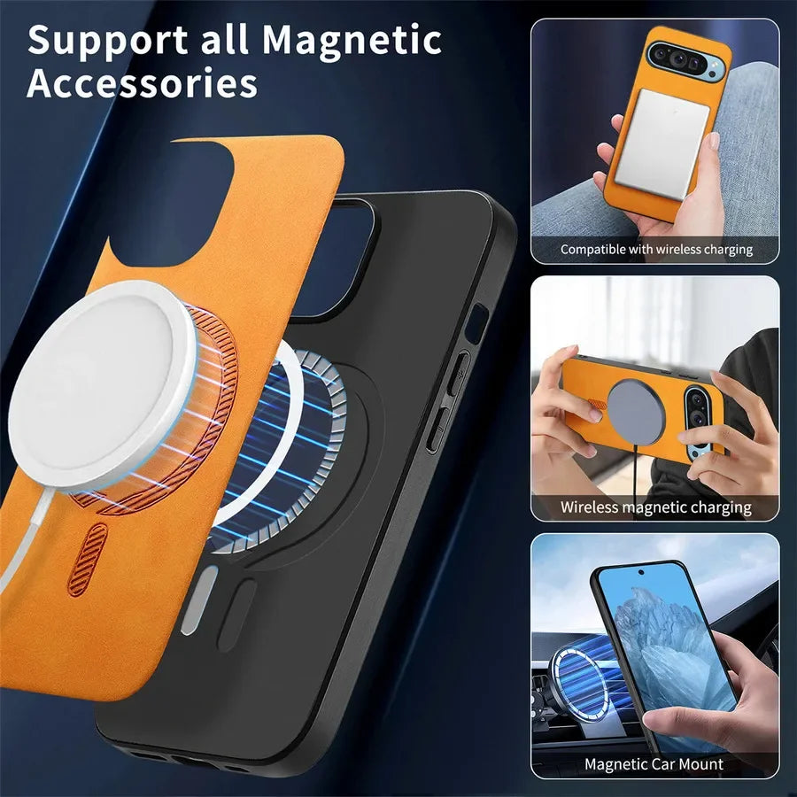 for Magsafe PU Leather Phone Case for Google Pixel 9 Pro XL Matte Magnetic Wireless Charging Cover for Pixel 7A 8A 8 7 Pro