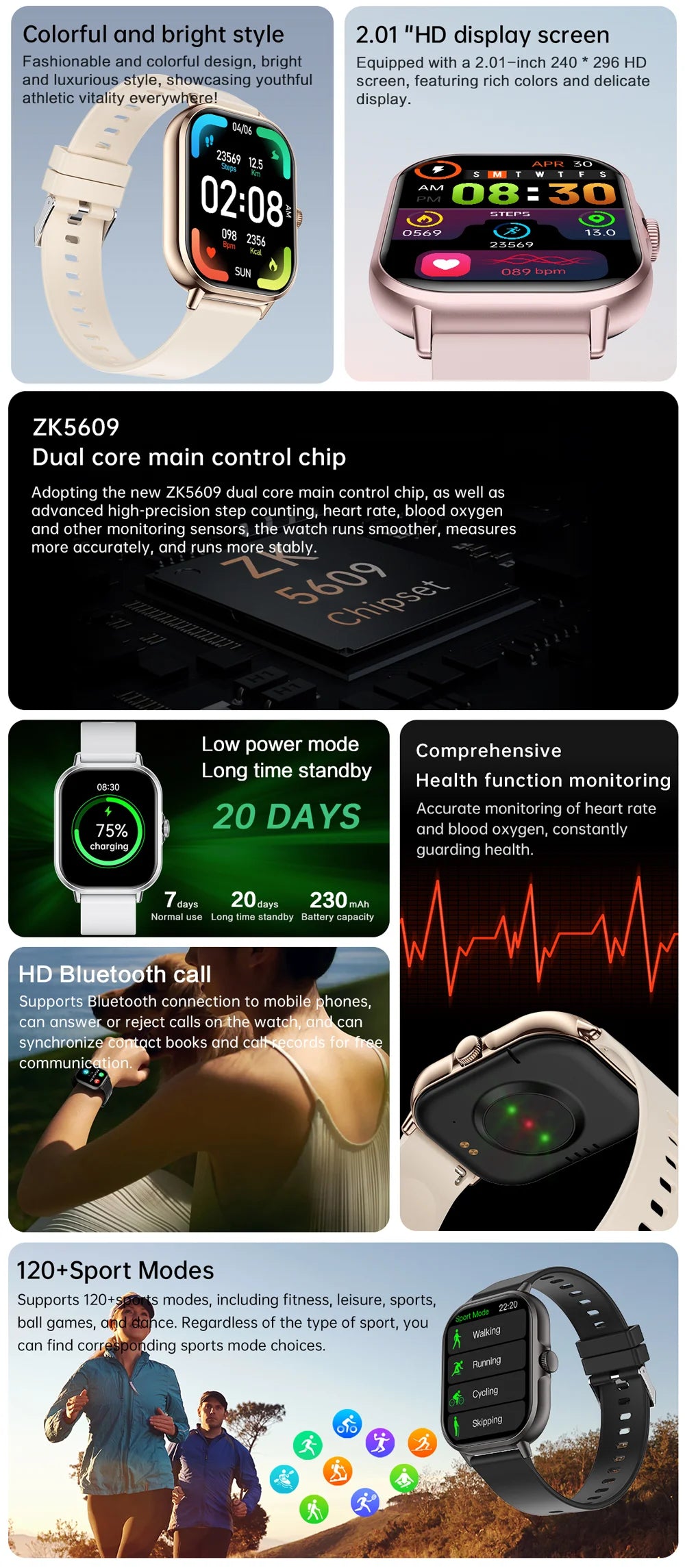 2024 2.01'' Smart Watch Bluetooth Call Play Music Smartwatch Fitness Sport Waterproof Watches for Men Women iPhone Android