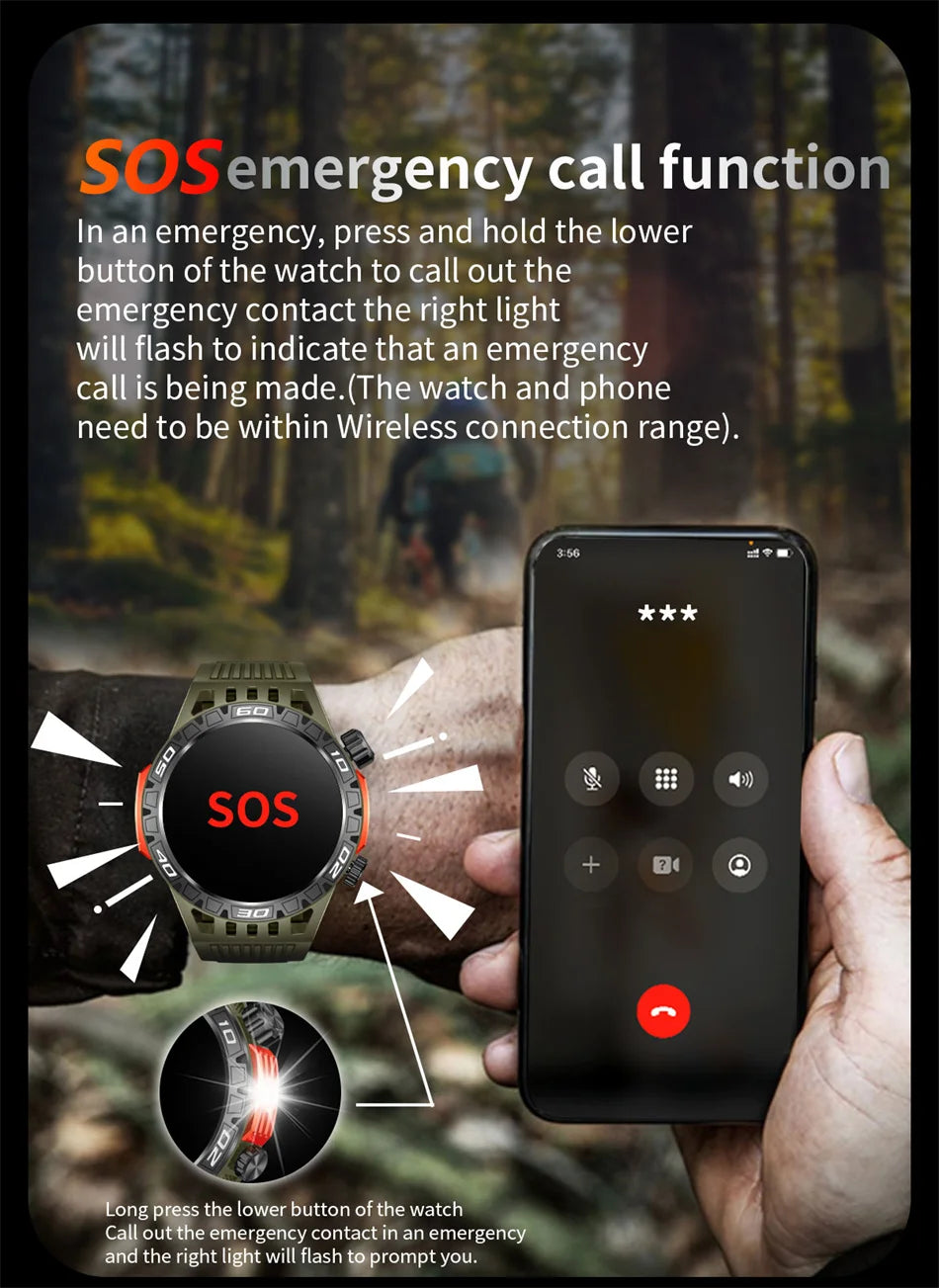 Outdoor Military Smart Watch Men's With LED lighting Bluetooth Call Smartwatch 3ATM IP68 Waterproof Compass Sports Fitness Watch