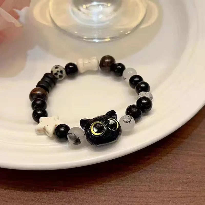 Cute Cat Bracelet For Women Funny Black Cat Bead Adjustable Braided Rope Charm Bracelets For Couple Friends Harajuku Jewelry