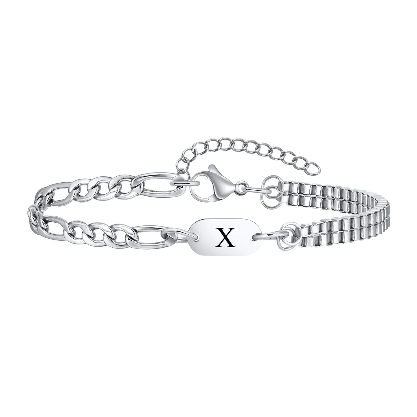 Vnox A-Z Initial Bracelets for Men Women, Never Fade Figaro Chain, Double Layered Box Link Chain Bracelets, Name Gift for Him
