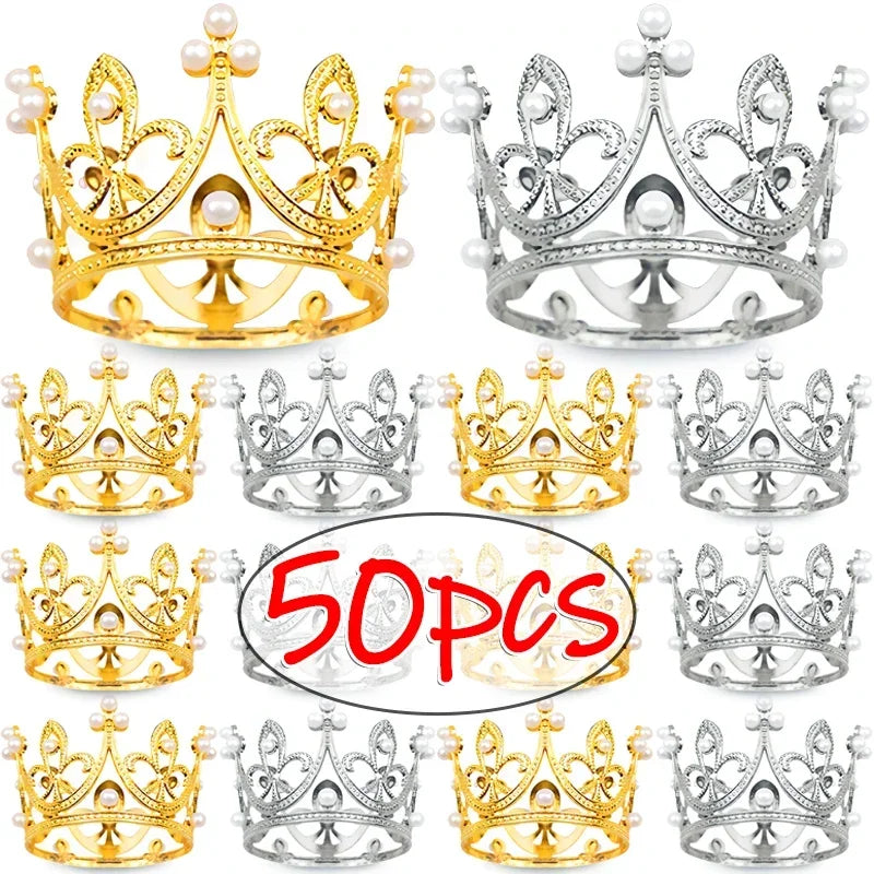 Mini Pearl Crown Cake Decoration Cupcake Topper Kids Hair Ornaments DIY Cake Baking Decoration For Wedding Birthday Party Decor
