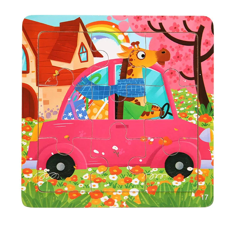 9 Piece Small Wooden Puzzle Cartoon Animal Vehicle 11x11cm Wood 3d Puzzle Montessori Educational Toys For Kids Gifts