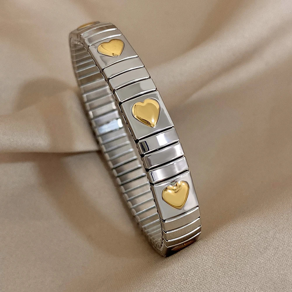 AENSOA Vintage Elasticity Stainless Steel Bangles Bracelet for Women Classic Heart Square Adjustable Wristband Waterproof Bangle