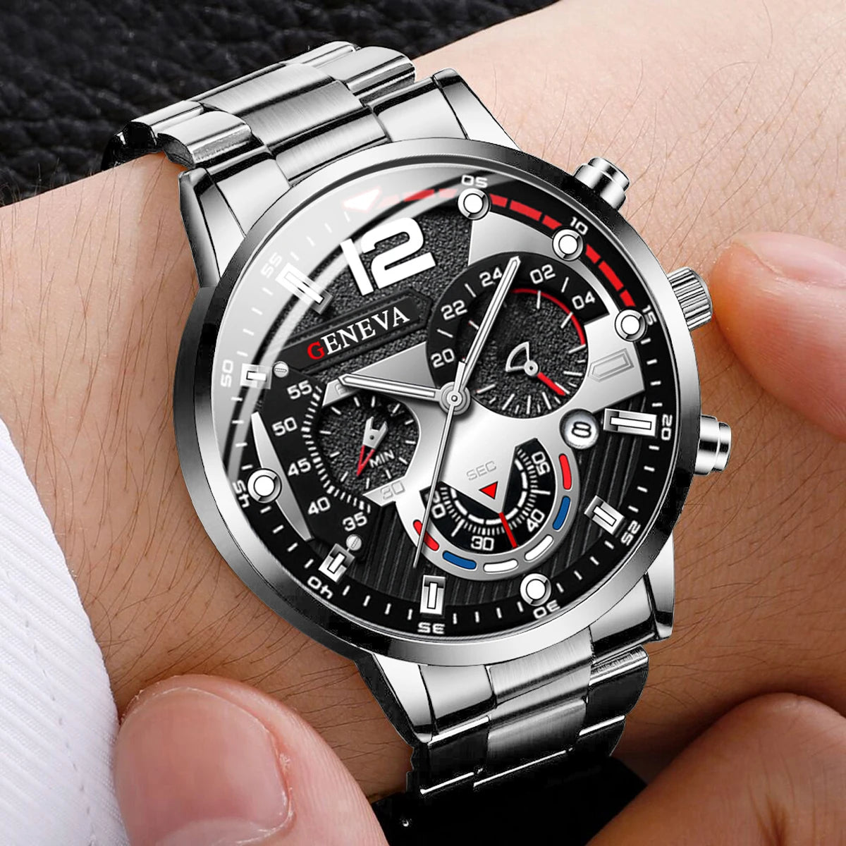 3PCS/Set Fashion Men's Watches Stainless Steel Band Analog Quartz Watch Calendar Watches Jewelry Set(Without Box)