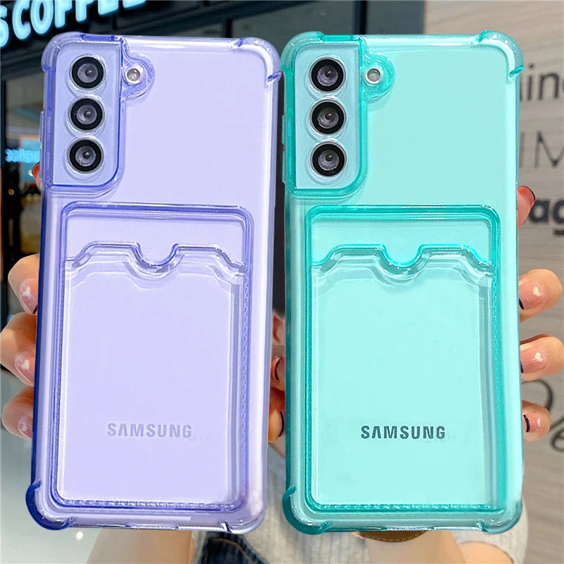Shockproof Airbag Card Bag Wallet Clear Phone Case For Samsung Galaxy S21 S22 S23 FE S24 Plus S24 Ultra 5G Corners Bumper Cover