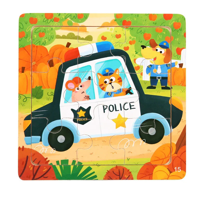 9 Piece Small Wooden Puzzle Cartoon Animal Vehicle 11x11cm Wood 3d Puzzle Montessori Educational Toys For Kids Gifts