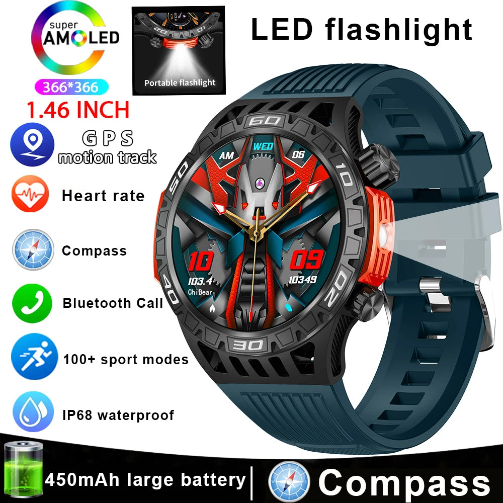 Outdoor Military Smart Watch Men's With LED lighting Bluetooth Call Smartwatch 3ATM IP68 Waterproof Compass Sports Fitness Watch