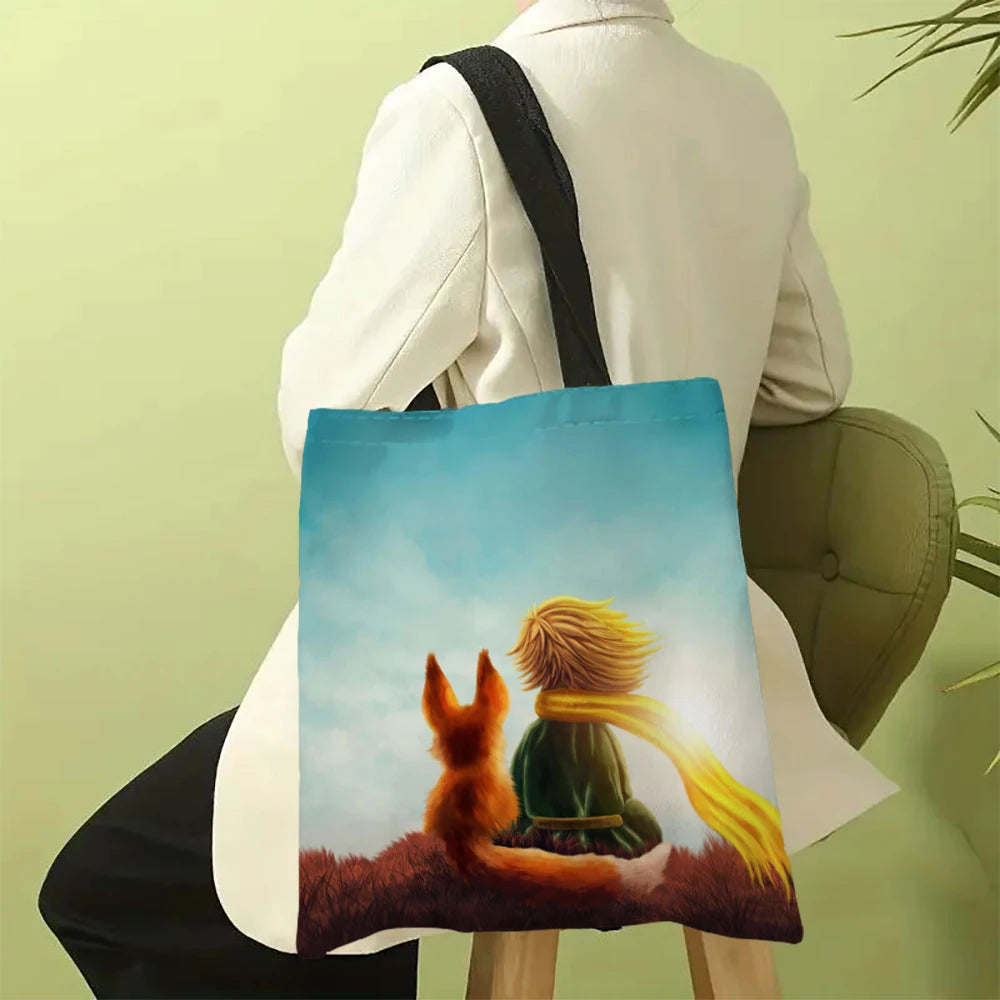 Linen Bag The Little Prince Series Print Lightweight Shoulder Bag Versatile Shopping Bag Holder Handbag