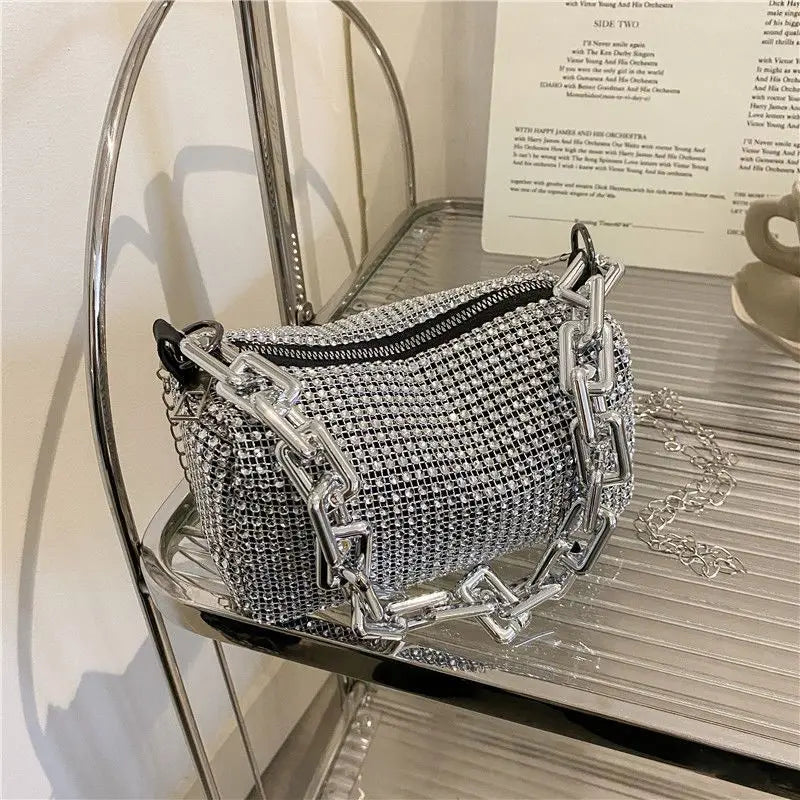 Allover Rhinestone Bucket Bag, Glitter Chain Prom Purse, Women's Mini Crossbody Bag (18cm*13cm*13cm)