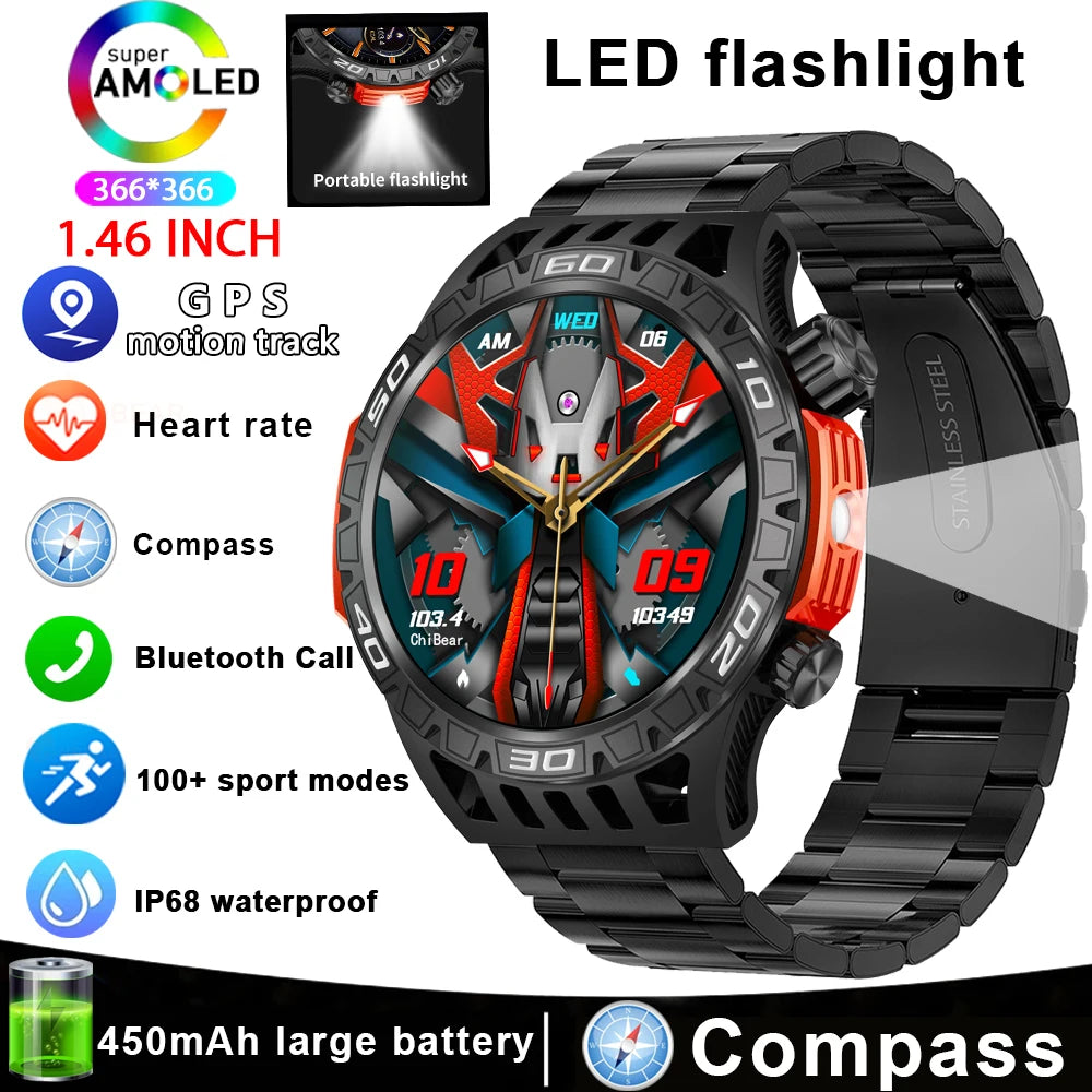 Outdoor Military Smart Watch Men's With LED lighting Bluetooth Call Smartwatch 3ATM IP68 Waterproof Compass Sports Fitness Watch