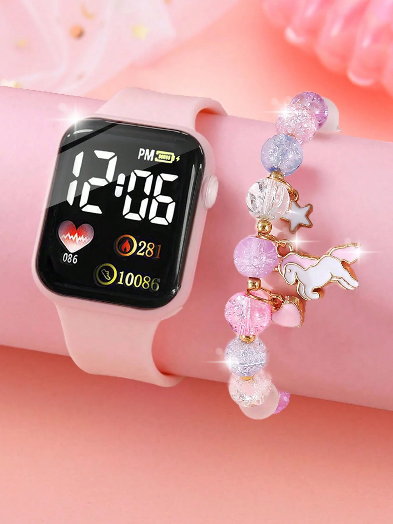 1pcs Ladies Love Pink Silicone LED Electronic Watch +1pcs Unicorn Crystal Bracelet Set for MOTHER'S Day Exclusive Gift