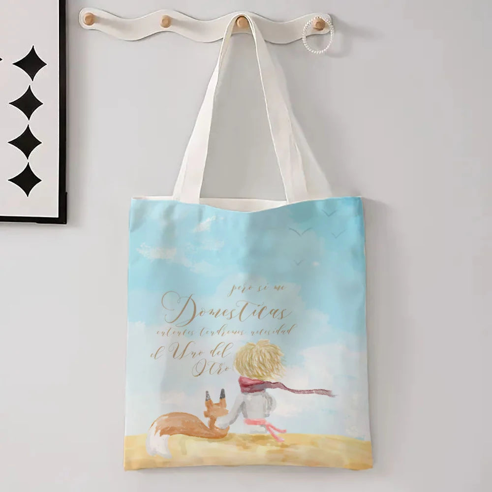 Linen Bag The Little Prince Series Print Lightweight Shoulder Bag Versatile Shopping Bag Holder Handbag