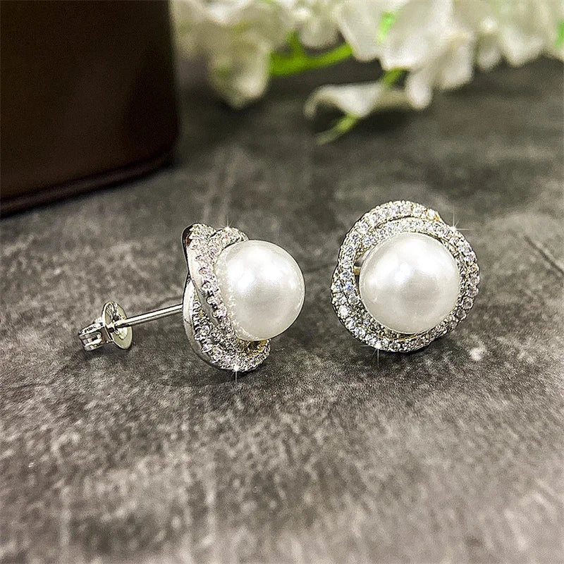 Sparkling Cubic Zirconia Imitation Pearl Stud Earrings for Women Silver Color Temperament Girls Ear Accessory Hot Jewelry