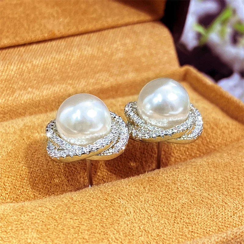 Sparkling Cubic Zirconia Imitation Pearl Stud Earrings for Women Silver Color Temperament Girls Ear Accessory Hot Jewelry