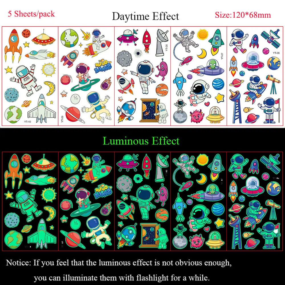 5 Sheets Luminous Tattoo Stickers Temporary Colorful Animal Dinosaur Tattoo Cute Tattoo Stickers Children's Body Tatto