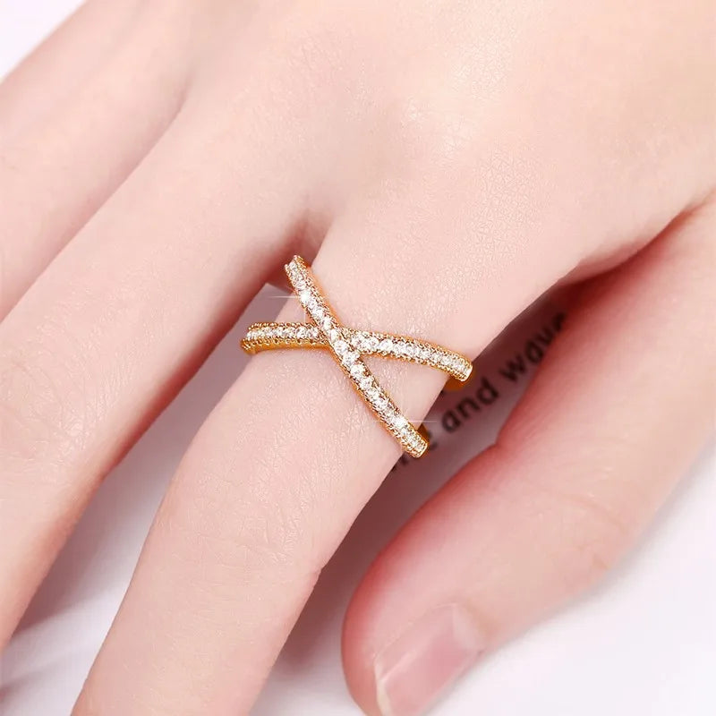 Simple Stylish Cross Shape Cubic Zirconia Rings for Women Fashon Female Finger Accessory Wedding Bands Statement Jewelry